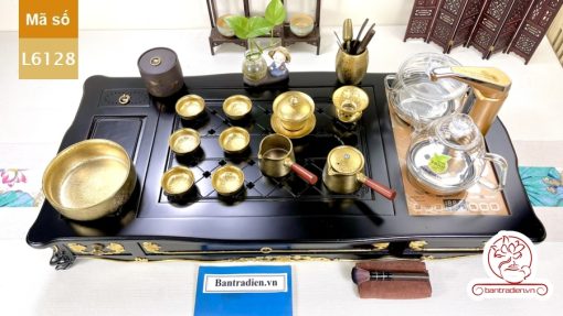 Bộ bàn pha trà điện thông minh đa năng cao cấp phong cách tân cổ điển vẽ vàng L6128 có ngăn kéo để đồ và khay đốt trầm