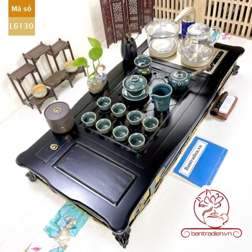 Bộ bàn pha trà điện thông minh đa năng cao cấp phong cách tân cổ điển vẽ vàng L6130 có ngăn kéo để đồ và khay đốt trầm