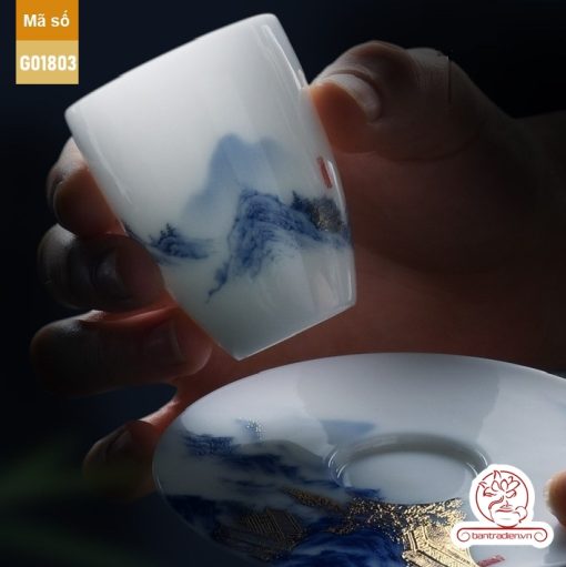 Bộ ấm trà cao cấp sứ trắng Bạch Ngọc Băng Ngưng Đức Hóa Cao Sơn Lưu Thủy G01803