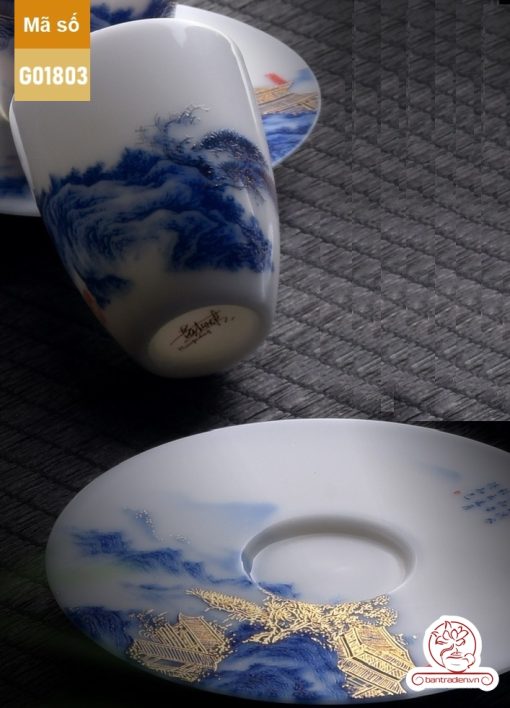 Bộ ấm trà cao cấp sứ trắng Bạch Ngọc Băng Ngưng Đức Hóa Cao Sơn Lưu Thủy G01803