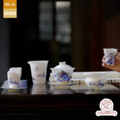 Bộ ấm trà cao cấp sứ trắng Bạch Ngọc Băng Ngưng Đức Hóa Cao Sơn Lưu Thủy G01803