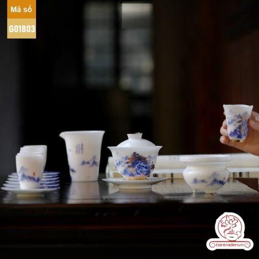 Bộ ấm trà cao cấp sứ trắng Bạch Ngọc Băng Ngưng Đức Hóa Cao Sơn Lưu Thủy G01803