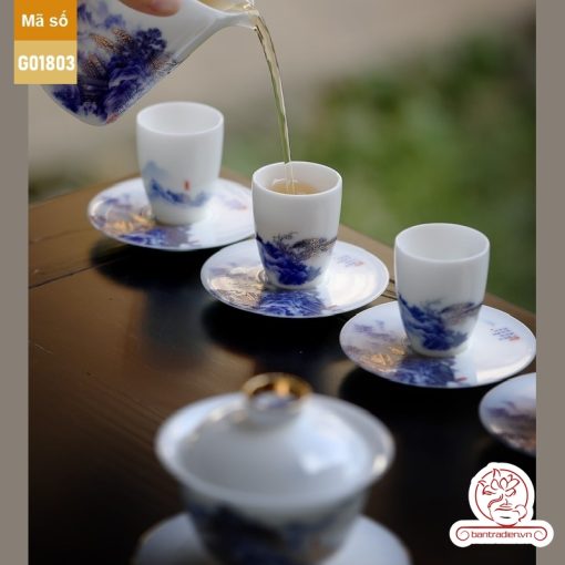 Bộ ấm trà cao cấp sứ trắng Bạch Ngọc Băng Ngưng Đức Hóa Cao Sơn Lưu Thủy G01803