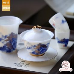 Bộ ấm trà cao cấp sứ trắng Bạch Ngọc Băng Ngưng Đức Hóa Cao Sơn Lưu Thủy G01803