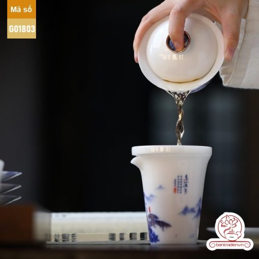Bộ ấm trà cao cấp sứ trắng Bạch Ngọc Băng Ngưng Đức Hóa Cao Sơn Lưu Thủy G01803