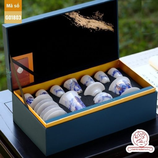 Bộ ấm trà cao cấp sứ trắng Bạch Ngọc Băng Ngưng Đức Hóa Cao Sơn Lưu Thủy G01803