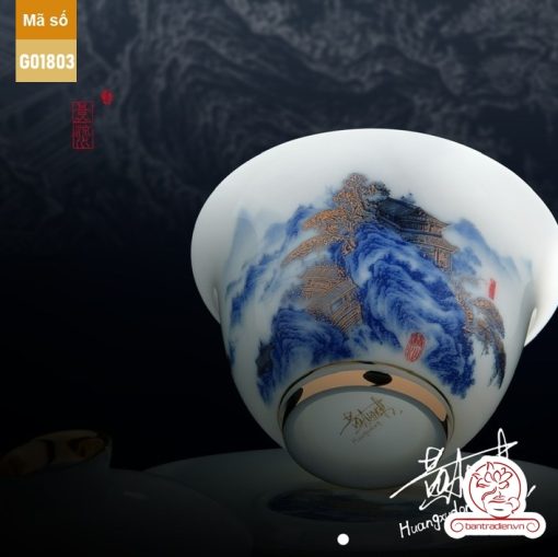 Bộ ấm trà cao cấp sứ trắng Bạch Ngọc Băng Ngưng Đức Hóa Cao Sơn Lưu Thủy G01803