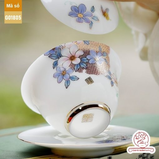 Bộ ấm trà cao cấp sứ trắng Bạch Ngọc Băng Tinh Đức Hóa Tứ Quý An Nhiên G01805