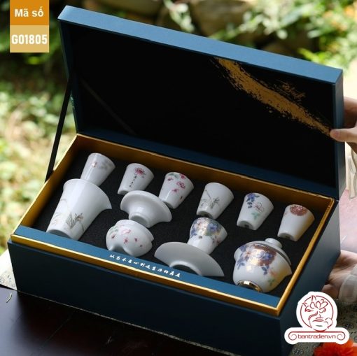 Bộ ấm trà cao cấp sứ trắng Bạch Ngọc Băng Tinh Đức Hóa Tứ Quý An Nhiên G01805
