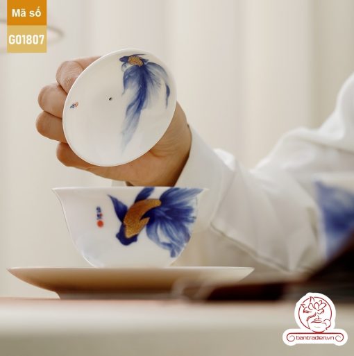 Bộ ấm trà cao cấp sứ trắng Bạch Ngọc Băng Ngưng Đức Hóa Ung Dung Tự Tại Cá Lam G01807