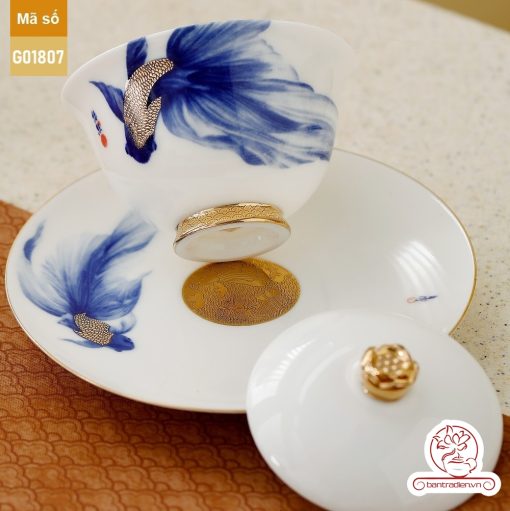 Bộ ấm trà cao cấp sứ trắng Bạch Ngọc Băng Ngưng Đức Hóa Ung Dung Tự Tại Cá Lam G01807
