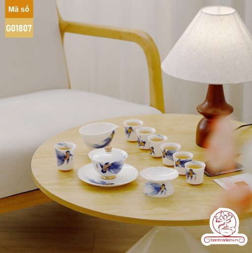 Bộ ấm trà cao cấp sứ trắng Bạch Ngọc Băng Ngưng Đức Hóa Ung Dung Tự Tại Cá Lam G01807