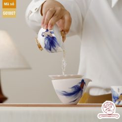 Bộ ấm trà cao cấp sứ trắng Bạch Ngọc Băng Ngưng Đức Hóa Ung Dung Tự Tại Cá Lam G01807