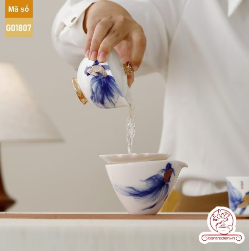 Bộ ấm trà cao cấp sứ trắng Bạch Ngọc Băng Ngưng Đức Hóa Ung Dung Tự Tại Cá Lam G01807