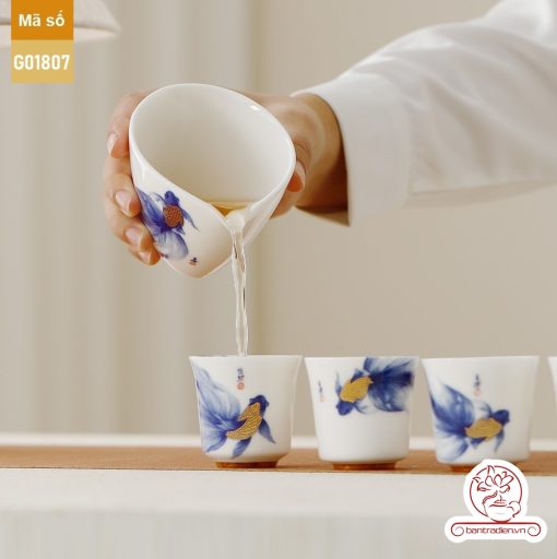Bộ ấm trà cao cấp sứ trắng Bạch Ngọc Băng Ngưng Đức Hóa Ung Dung Tự Tại Cá Lam G01807
