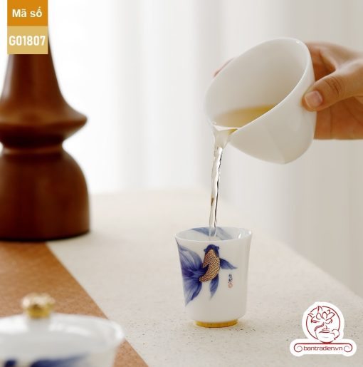 Bộ ấm trà cao cấp sứ trắng Bạch Ngọc Băng Ngưng Đức Hóa Ung Dung Tự Tại Cá Lam G01807