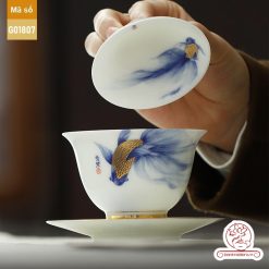 Bộ ấm trà cao cấp sứ trắng Bạch Ngọc Băng Ngưng Đức Hóa Ung Dung Tự Tại Cá Lam G01807
