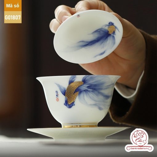 Bộ ấm trà cao cấp sứ trắng Bạch Ngọc Băng Ngưng Đức Hóa Ung Dung Tự Tại Cá Lam G01807