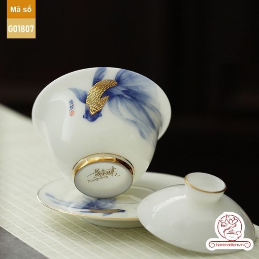 Bộ ấm trà cao cấp sứ trắng Bạch Ngọc Băng Ngưng Đức Hóa Ung Dung Tự Tại Cá Lam G01807