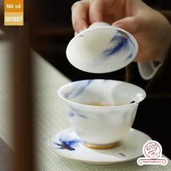 Bộ ấm trà cao cấp sứ trắng Bạch Ngọc Băng Ngưng Đức Hóa Ung Dung Tự Tại Cá Lam G01807
