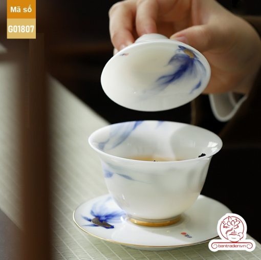 Bộ ấm trà cao cấp sứ trắng Bạch Ngọc Băng Ngưng Đức Hóa Ung Dung Tự Tại Cá Lam G01807