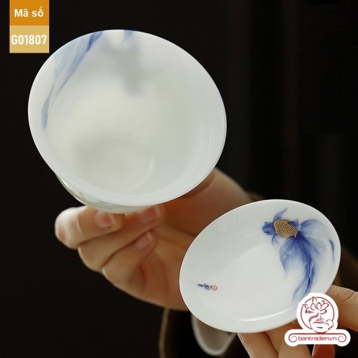 Bộ ấm trà cao cấp sứ trắng Bạch Ngọc Băng Ngưng Đức Hóa Ung Dung Tự Tại Cá Lam G01807