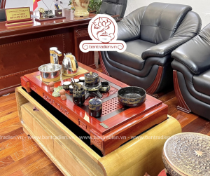 Ảnh thực tế bộ bàn trà điện thông minh đa năng cao cấp gỗ hương L22