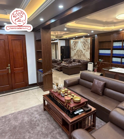 Ảnh thực tế Bộ bàn pha trà điện thông minh đa năng cao cấp phong cách tân cổ điển vẽ vàng L6228 có ngăn kéo để đồ và khay đốt trầm