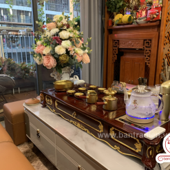 Ảnh thực tế Bộ bàn pha trà điện thông minh đa năng cao cấp phong cách tân cổ điển vẽ vàng L6228 có ngăn kéo để đồ và khay đốt trầm