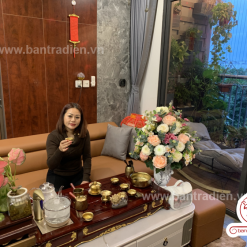 Ảnh thực tế Bộ bàn pha trà điện thông minh đa năng cao cấp phong cách tân cổ điển vẽ vàng L6228 có ngăn kéo để đồ và khay đốt trầm