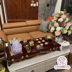 Ảnh thực tế Bộ bàn pha trà điện thông minh đa năng cao cấp phong cách tân cổ điển vẽ vàng L6228 có ngăn kéo để đồ và khay đốt trầm