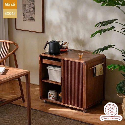 Xe trà di dộng gỗ óc chó tủ kệ trà kết hợp bàn pha trà đa năng cao cấp BX042
