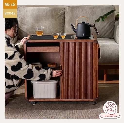 Xe trà di dộng gỗ óc chó tủ kệ trà kết hợp bàn pha trà đa năng cao cấp BX042