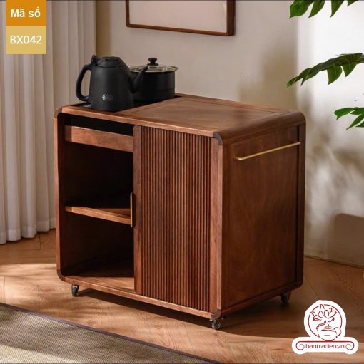 Xe trà di dộng gỗ óc chó tủ kệ trà kết hợp bàn pha trà đa năng cao cấp BX042
