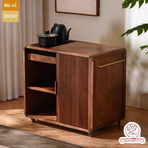 Xe trà di dộng gỗ óc chó tủ kệ trà kết hợp bàn pha trà đa năng cao cấp BX042