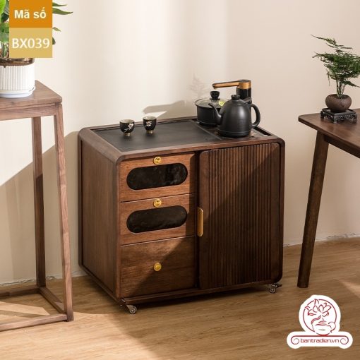 Xe trà di dộng gỗ óc chó tủ kệ trà kết hợp bàn pha trà đa năng cao cấp BX039