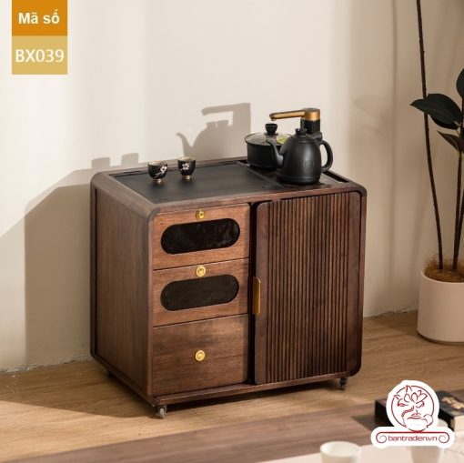 Xe trà di dộng gỗ óc chó tủ kệ trà kết hợp bàn pha trà đa năng cao cấp BX039