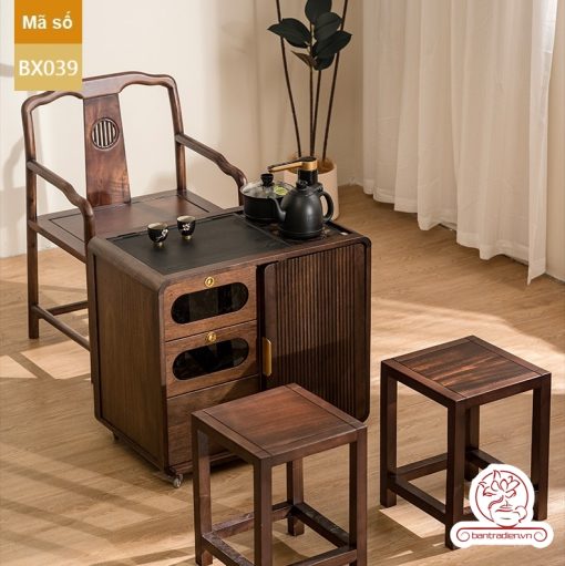 Xe trà di dộng gỗ óc chó tủ kệ trà kết hợp bàn pha trà đa năng cao cấp BX039