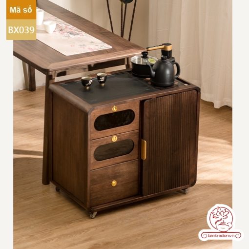 Xe trà di dộng gỗ óc chó tủ kệ trà kết hợp bàn pha trà đa năng cao cấp BX039