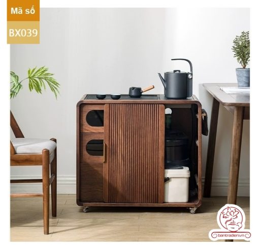 Xe trà di dộng gỗ óc chó tủ kệ trà kết hợp bàn pha trà đa năng cao cấp BX039