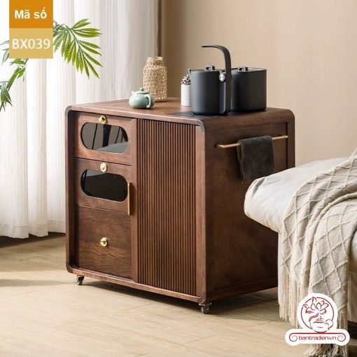 Xe trà di dộng gỗ óc chó tủ kệ trà kết hợp bàn pha trà đa năng cao cấp BX039