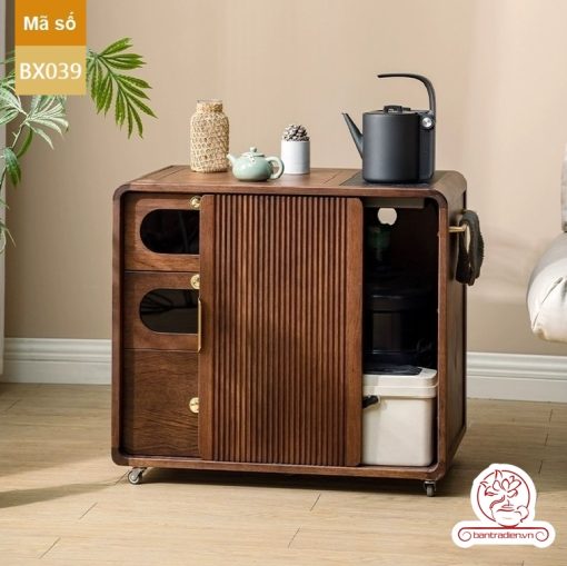 Xe trà di dộng gỗ óc chó tủ kệ trà kết hợp bàn pha trà đa năng cao cấp BX039