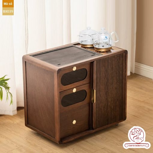 Xe trà di dộng gỗ óc chó tủ kệ trà kết hợp bàn pha trà đa năng cao cấp BX039