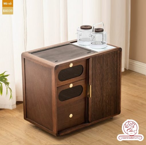 Xe trà di dộng gỗ óc chó tủ kệ trà kết hợp bàn pha trà đa năng cao cấp BX039