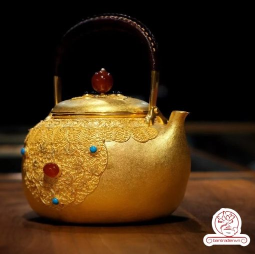 ấm bạc đun nước nguyên chất 999 mạ vàng 24K chế tác hoàn toàn thủ công tinh xảo cao cấp