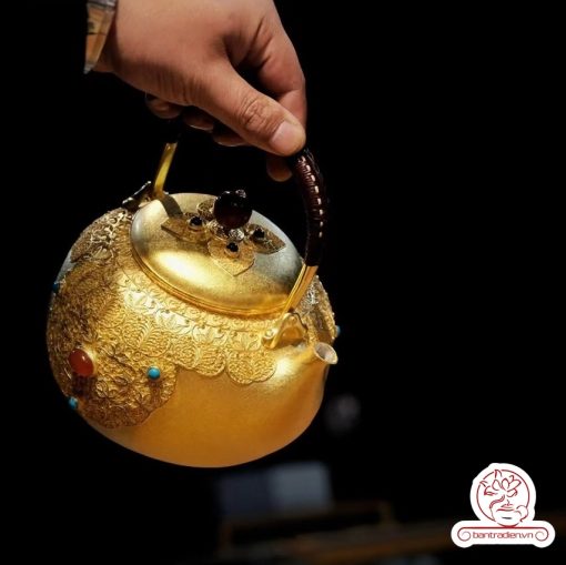 ấm bạc đun nước nguyên chất 999 mạ vàng 24K chế tác hoàn toàn thủ công tinh xảo cao cấp