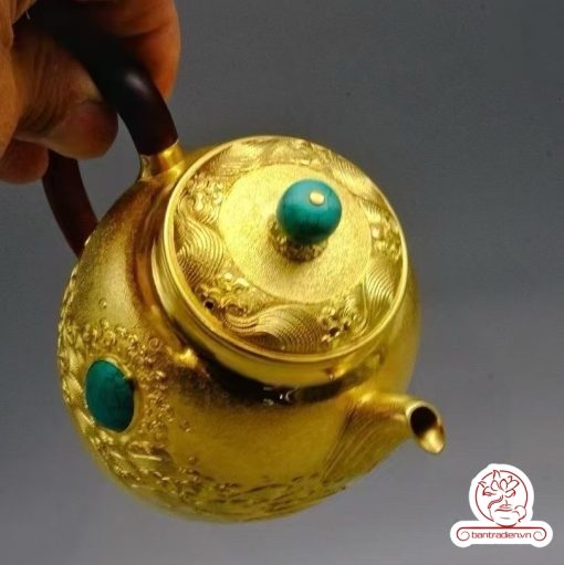 ấm bạc pha trà nguyên chất 999 mạ vàng 24K chế tác hoàn toàn thủ công cao cấp