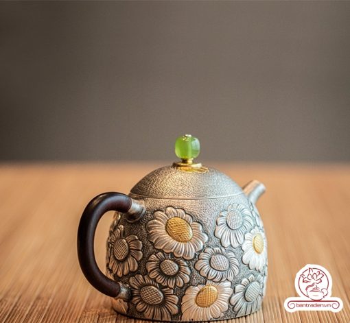 ấm pha trà bạc nguyên chất chế tác thủ công tinh xảo AB051