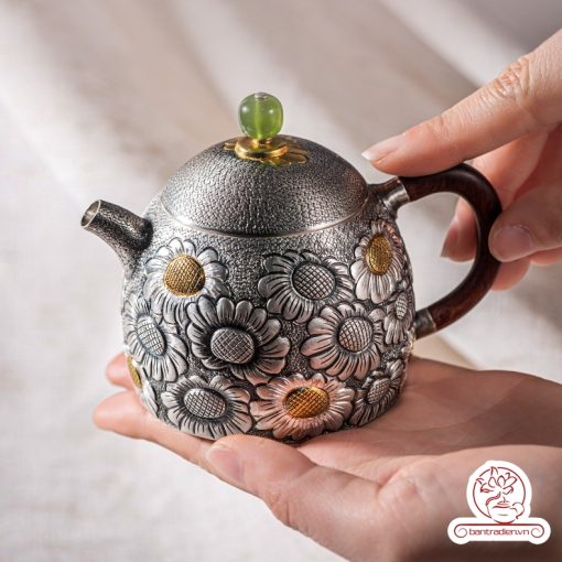 ấm pha trà bạc nguyên chất chế tác thủ công tinh xảo AB051