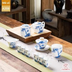 Bộ ấm chén pha trà đạo cao cấp chất liệu bạch sứ cao cấp hạo tiết trúc A208